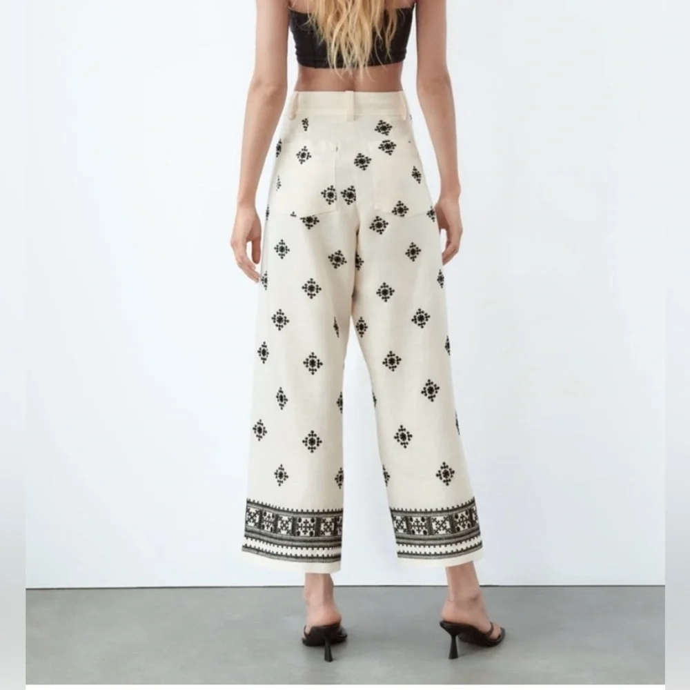 ZARA BLACK ECRU PRINTED HIGH WAIST WIDE LEG LINEN BLEND PANTS TROUSERS BOHO M